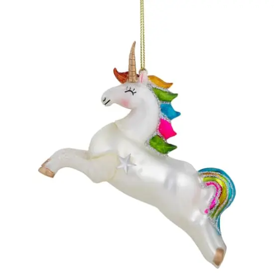 White Unicorn with Rainbow Mane Glittered Christmas Glass Ornament {1}