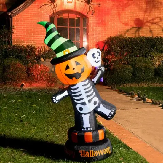Glitzhome® 6ft. Lighted Halloween Jack-O'-Lantern Skeleton Rotating Inflatable Décor {3}
