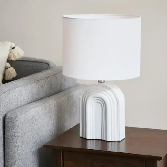 Hello Honey&reg; 19" Carved Arch Stoneware Table Lamp with Linen Drum Shade White {3}