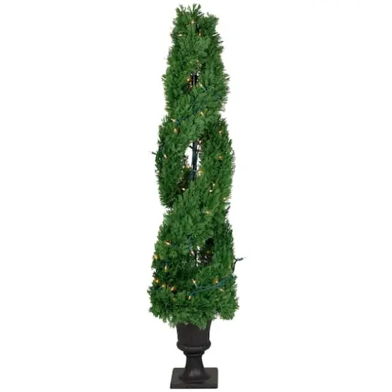4.5ft. Pre-Lit Artificial Cedar Double Spiral Topiary Tree in Urn Style Pot, Clear Lights {1}