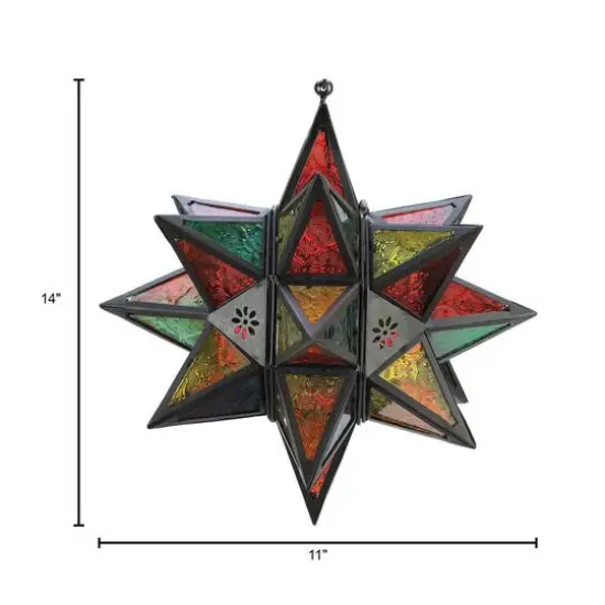 14" Jewel Toned Moroccan Style Hanging Star Candle Lantern {6}