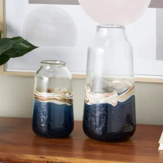 Dark Blue Glass Abstract Textured Swirl Decorative Vase Set with Gold & Cream Accents {3}