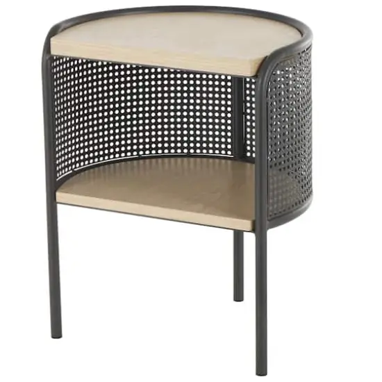 22.25" Light Brown Wooden Half-Moon Two-Toned 1-Shelf Accent Table with Mesh Back Panel {1}