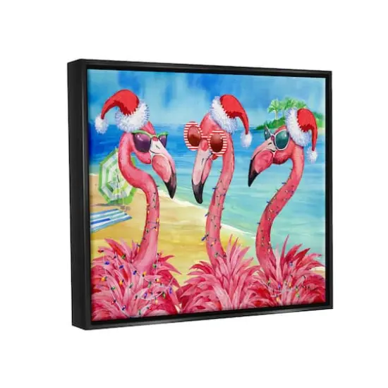 Stupell Industries Holiday Lights Flamingos Beach Framed Floater Canvas Wall Art {4}