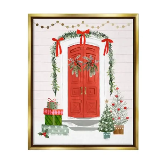 Stupell Industries Red Jolly Christmas Doorway Gold Framed Floater Canvas Wall Art {1}