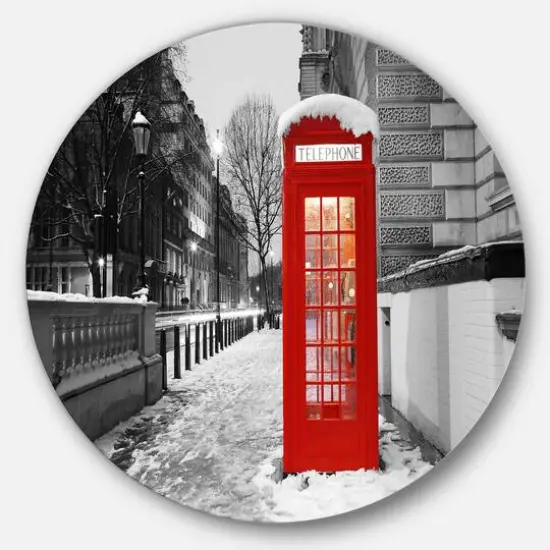 Designart - Red London Telephone Booth' Ultra Glossy Cityscape Metal Circle Wall Art {1}