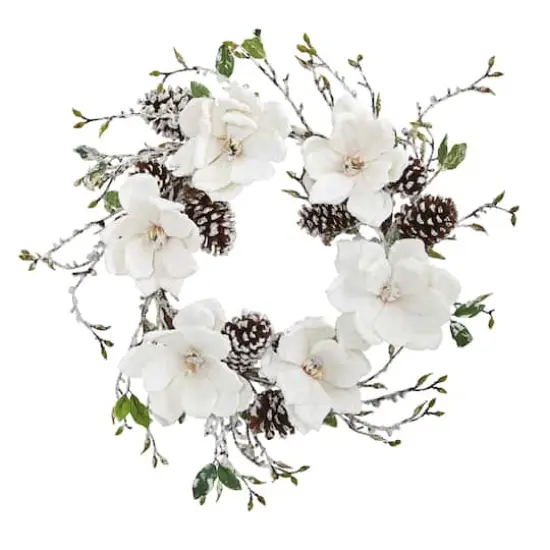 24" Snowed Magnolia & Pinecone Wreath {1}
