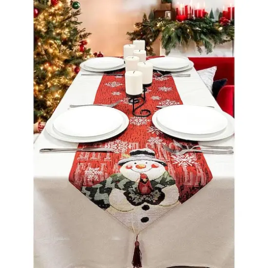 Wizardi 13.75" x 67" Snowman Christmas Red Table Runner {3}