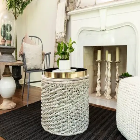 Hello Honey&reg; Whitewashed Woven Water Hyacinth Tables Set {4}