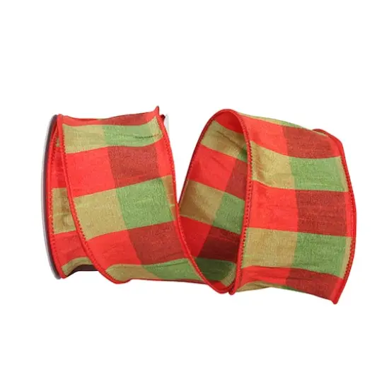 Reliant 2.5" x 10yd. Wired Orange & Green Plaid Dupioni Ribbon {1}