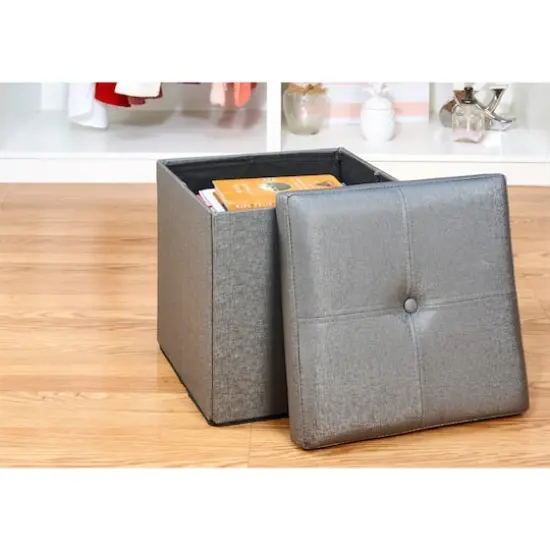 Simplify Metallic Faux Leather Folding Storage Ottoman Cube Pewter {8}