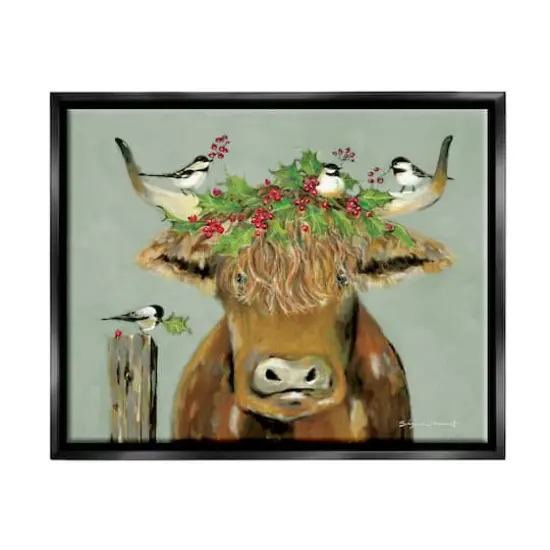 Stupell Industries Cattle & Birds Holiday Holly Framed Floater Canvas Wall Art Black {1}