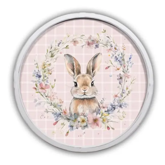 20" Check Floral Bunny Print in Round White Frame {1}