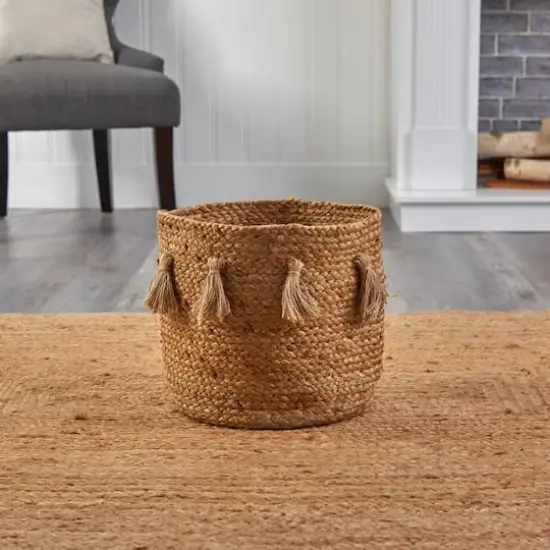 12.5'' Natural Hand-Woven Jute Boho Chic Basket Planter with Tassels {3}