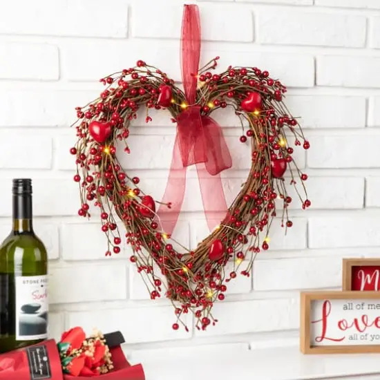 Glitzhome&reg; 17" Lighted Valentine's Berry Heart Wreath {5}