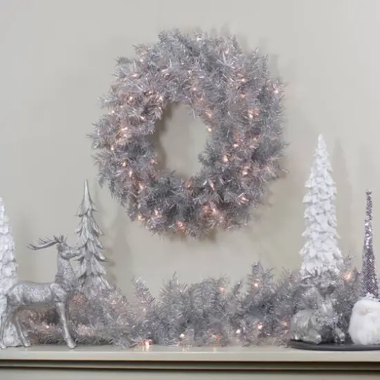 36" Pre-Lit Silver Tinsel Artificial Christmas Wreath {3}