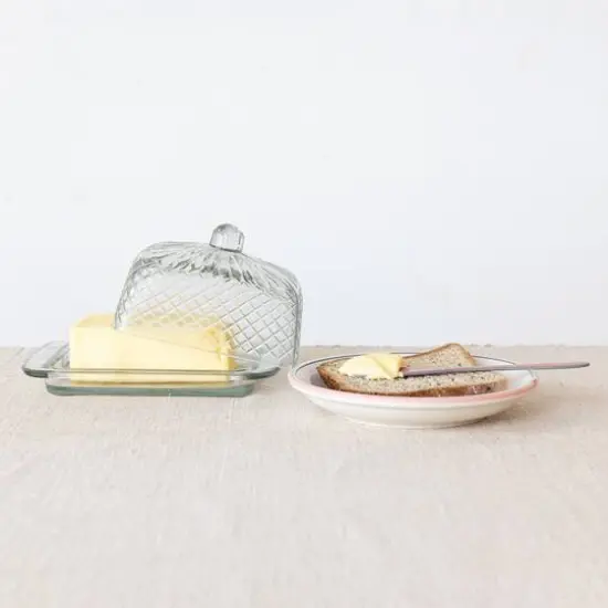 Hello Honey® 6.75" Clear Embossed Reclaimed Glass Butter Dish {3}