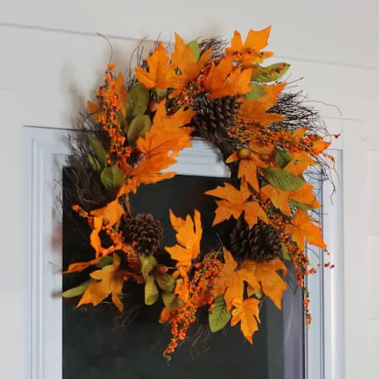 24" Autumn Harvest Decorative Artificial Berries, Leaves, Pine Cones and Twigs Wreath {3}