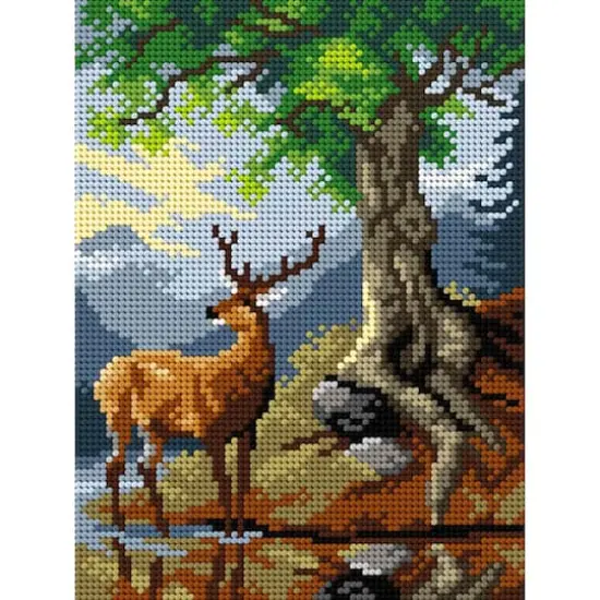 Orchidea Needlepoint Canvas For Halfstitch Without Yarn After Friedrich Gauermann - A Stag By Lake Gosau - Printed Tapestry Canvas {1}