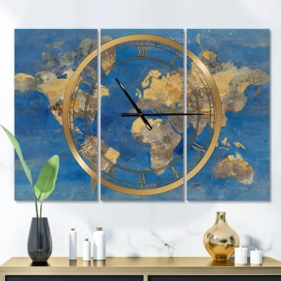 Designart Golden Glam World Map Traditional 3 Panel Wall Clock {3}