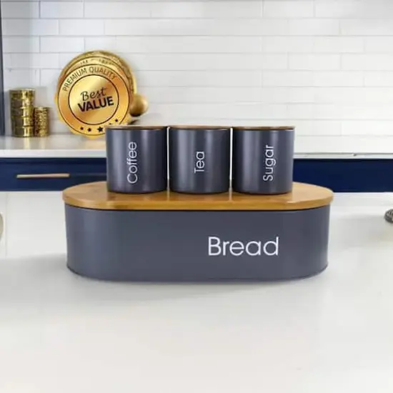 MegaChef Bamboo Kitchen Countertop Gray 4-Piece Metal Bread Basket & Canister Set {1}