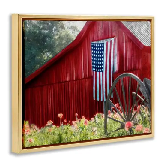 Stupell Industries Red Barn with American Flag Floater Framed Art Gold {4}
