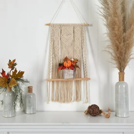 8" Pumpkin, Gourd, Berries & Pinecones Autumn Arrangement In Natural Washed Vase {7}