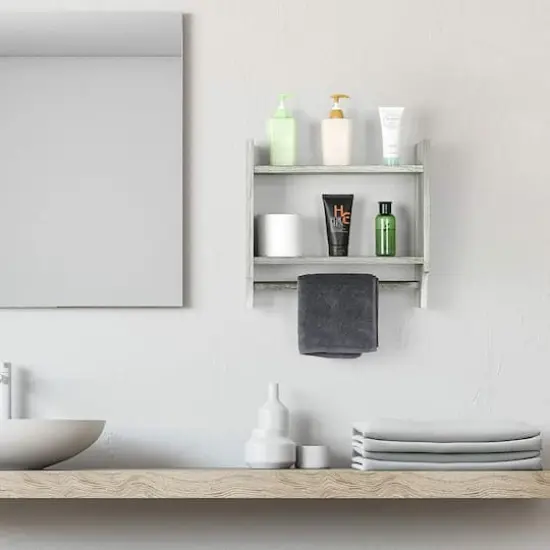 2-Tier Wood Wall Mounted Bathroom Shelf with Towel Rack Olive Green {7}