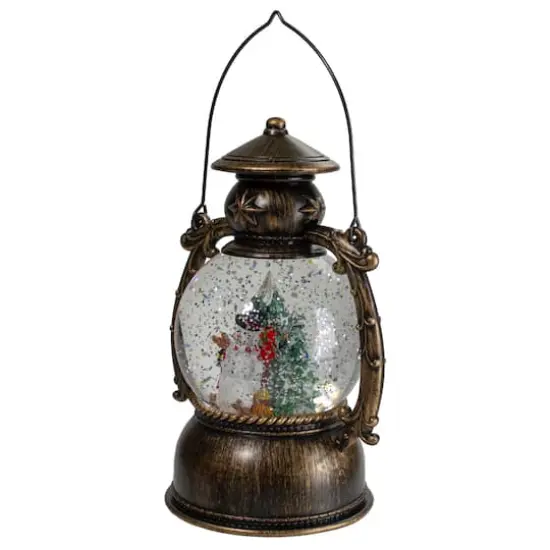 8" Black with Brushed Gold LED Snowman & Christmas Trees Snow Globe Lantern {5}
