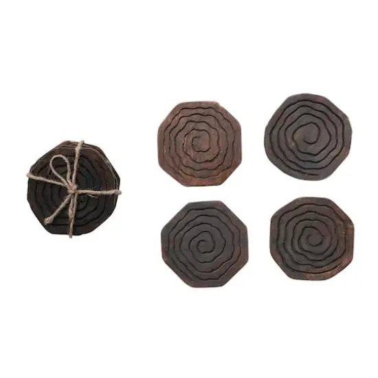 Hello Honey® 4" Round Hand-Carved Mango Wood Coasters with Distressed Finish, 4ct. {3}