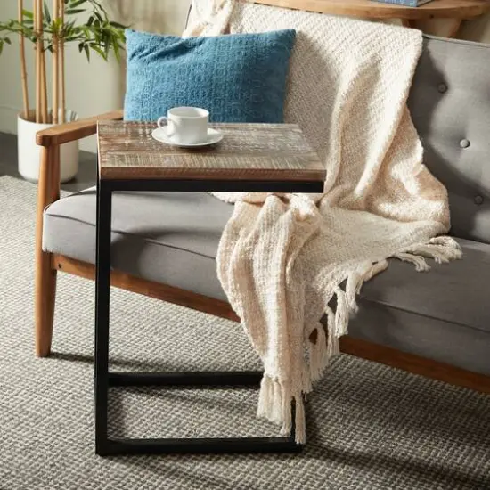 Brown Wood Distressed C-Shaped Accent Table with Black Metal Base 13" x 18" x 26" {7}