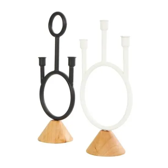 Black & White Metal Abstract Circular Ring Candle Holder with Wooden Cone Bases Set {6}