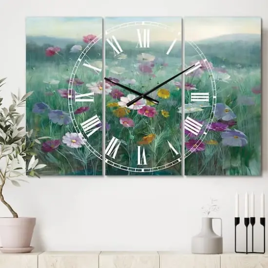 Designart Flower Field 3 Panel Farmhouse Wall Clock {3}