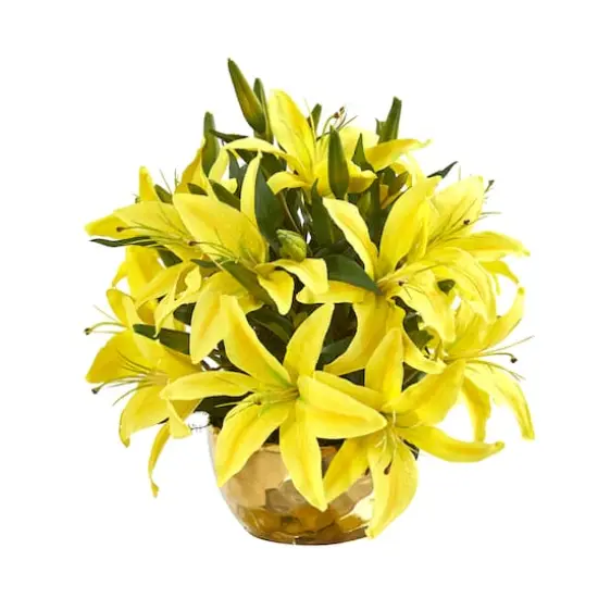 14" Lily Arrangement in Gold Vase Yellow {1}