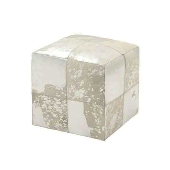 17" White & Silver Leather & Wood Glam Ottoman {3}