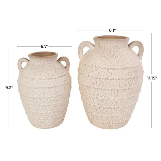 Cream Ceramic Textured Vase Set with Handles & Terra Cotta Accents {8}