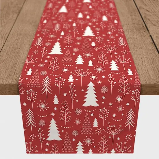 90" Winter Tree Pattern Red Poly Twill Table Runner {1}
