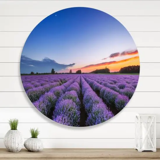Designart - Sunrise & Dramatic Clouds Over Lavender Field I - Farmhouse Metal Circle Wall Art {1}