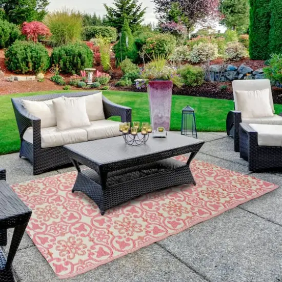 Pink & Cream Floral Design Rectangular Outdoor Area Rug, 4ft. x 6ft. {3}