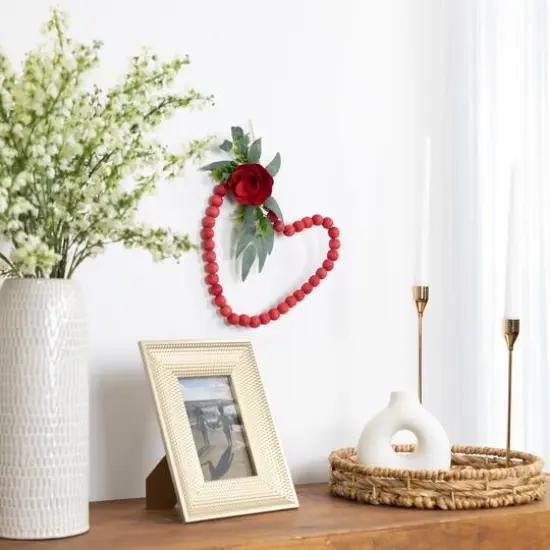 10.25" Red Wooden Beads with Rose Valentine's Day Heart Wall Decoration {3}