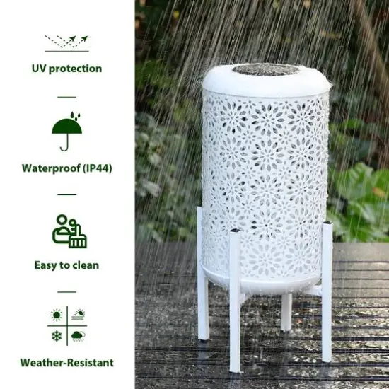 Glitzhome&reg; 14.25" White Metal Cutout Flower Pattern Solar Powered LED Outdoor Lantern {7}