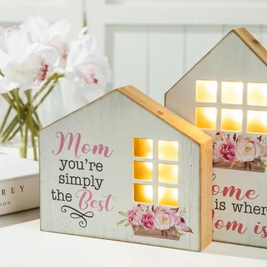 Glitzhome&reg; Lighted Wood Mother's Day House Shaped Table Sign Set {5}