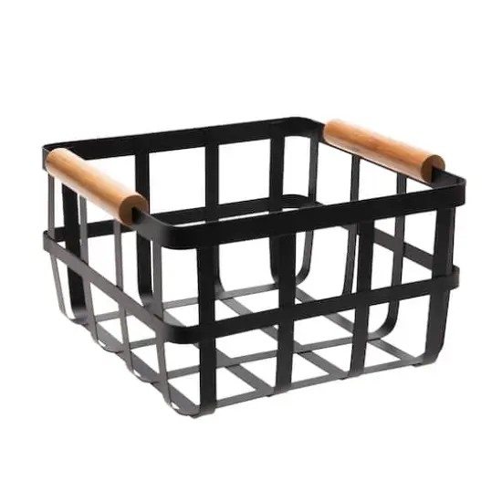 Simplify Small Square Black Metal Basket with Bamboo Handles {5}