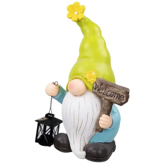 17.75" Welcome Gnome with Lantern Outdoor Garden Statue {5}