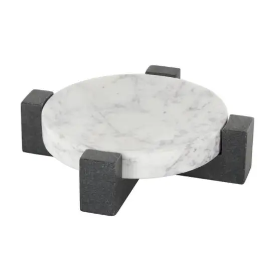 8.25" White Marble Round Tray with Black X-Shaped Base {9}
