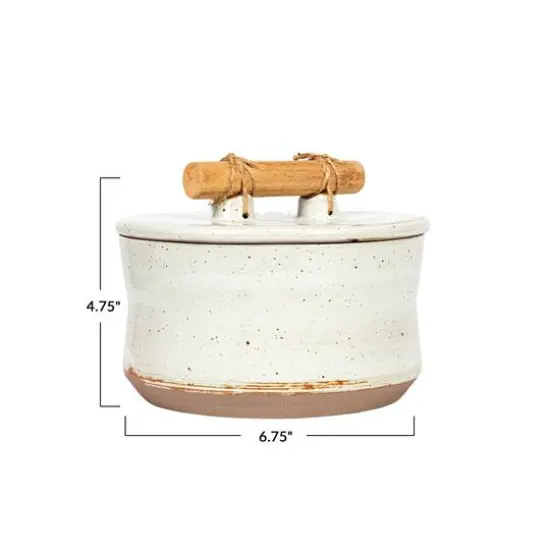 Hello Honey&reg; 6.75" Beige Reactive Glaze Stoneware Canister with Pine Wood & Jute Handle Lid {4}