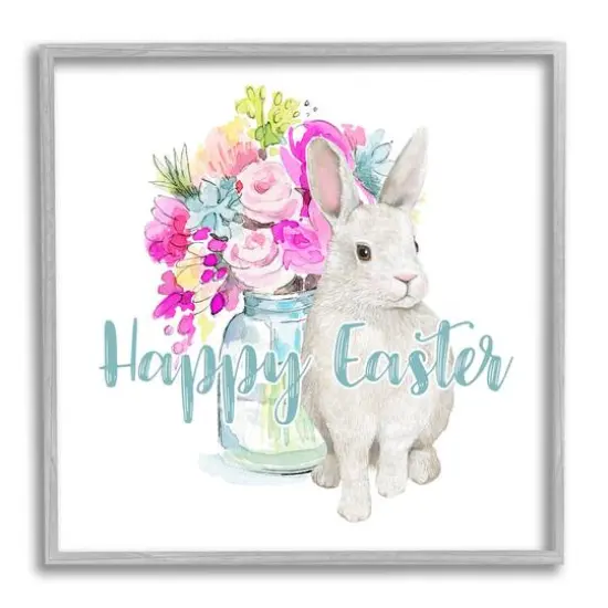 Stupell Industries Happy Easter Calligraphy Bunny Pink Flower Bouquet Framed Giclee Art Gray {1}