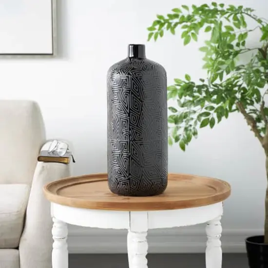 19" Black Geometric Etched Ceramic Vase {10}