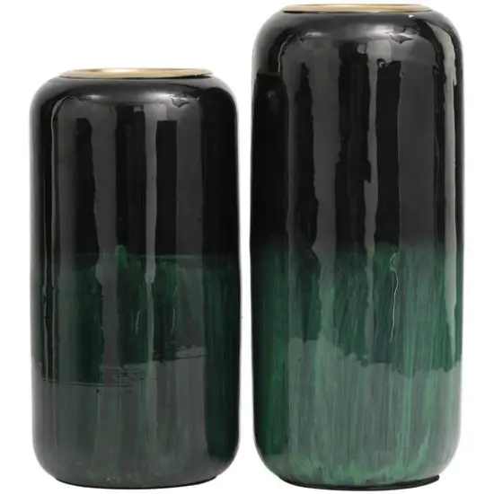 Metal Colorblock Abstract Vase with Paint Streak Designs and Gold Accents Set Green {6}