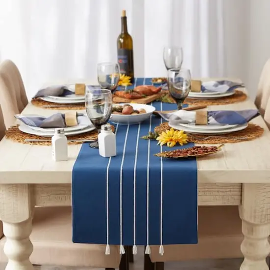 DII&reg; 108" Striped Tassel Table Runner Navy/Off White {5}